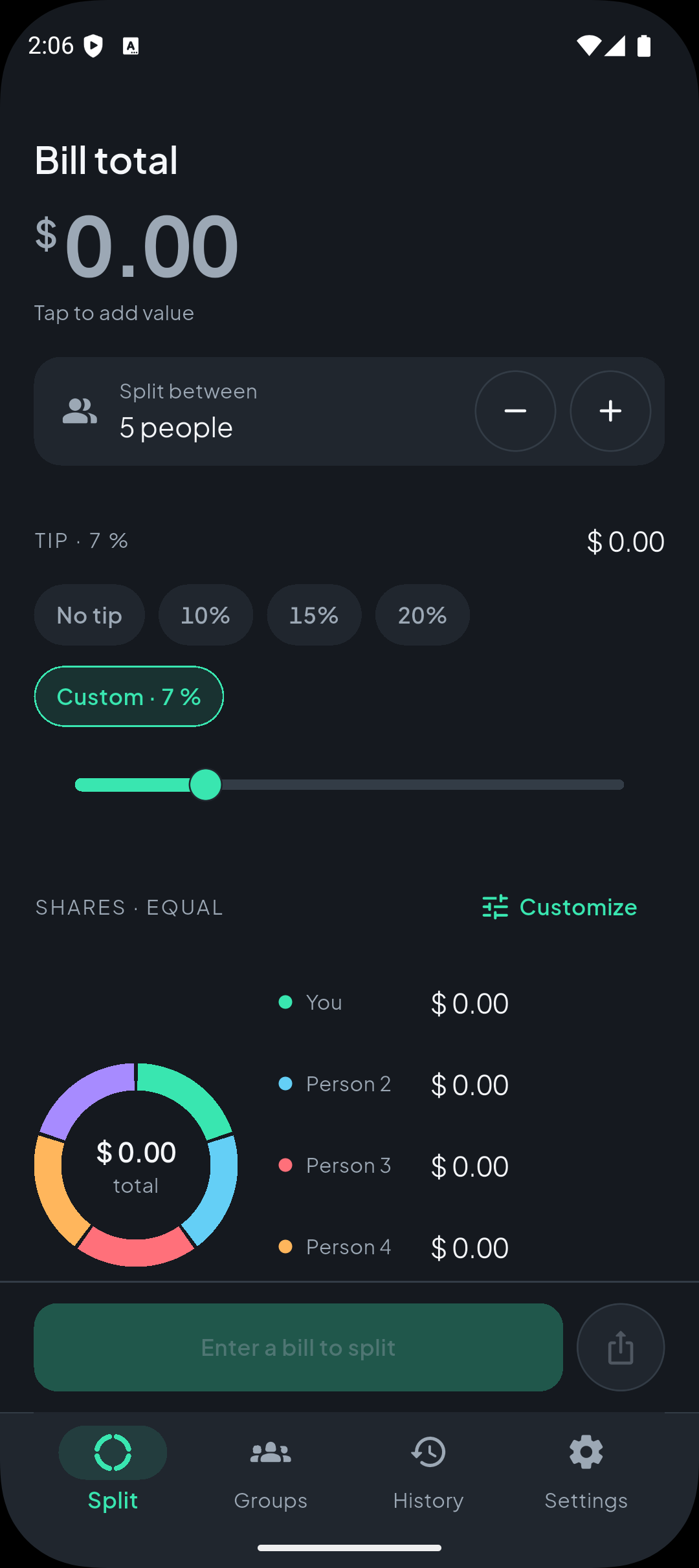 Splitly Split tab showing a bill total, tip options and the split ring