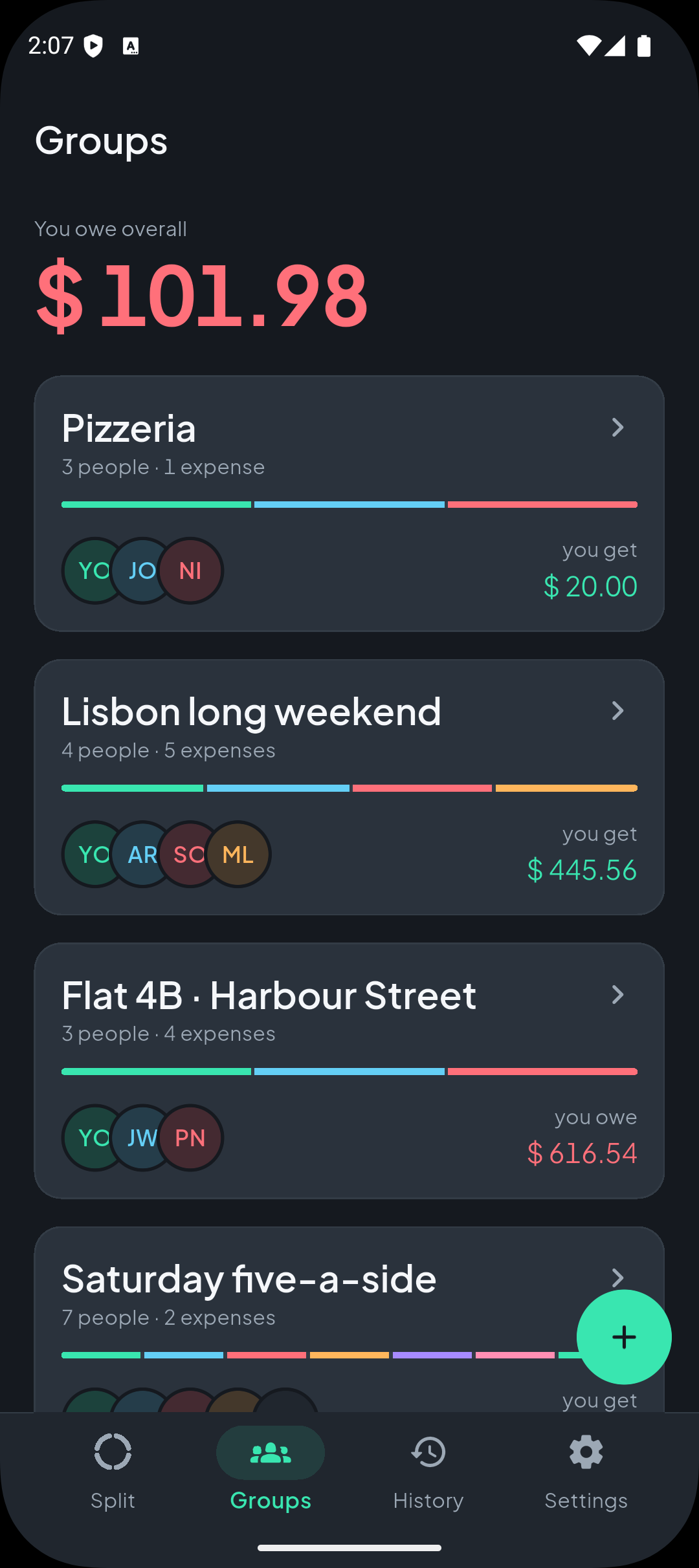 Groups tab listing shared expense groups with balances